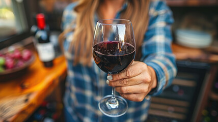 mature woman drinking wine at home. Old middle aged lady holding glass