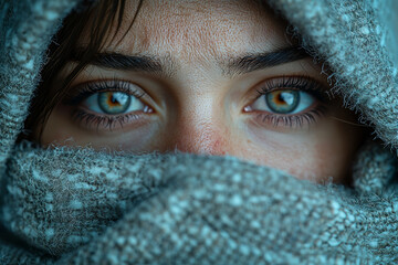 Poster - A person with a red nose and tired eyes, wrapped in a blanket, with a cup of hot tea on a nearby table. Concept of feeling unwell during the cold season.