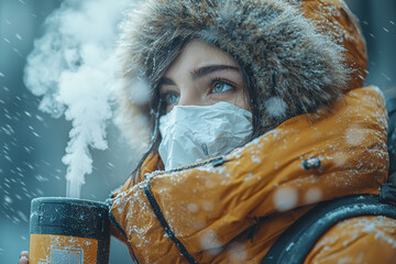 Wall Mural - A person bundled up in multiple layers of clothing with a tissue box and a vaporizer, highlighting the discomfort of seasonal illnesses. Concept of staying warm and comfortable.