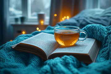 Poster - A close-up of an open book and a cup of herbal tea on a bedside table, setting the mood for a calming bedtime routine. Concept of bedtime preparation.