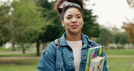 Poster - Student, walking and books for education, outdoor and confident of goals, park and learning of girl. Nature, campus and person with scholarship, studying and knowledge for diploma and college