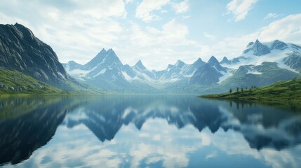 Wall Mural - A serene lake nestled amidst towering snow-capped mountains