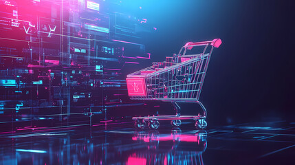 Wall Mural - Innovative retail revolution with ai integration: high-tech background and shopping cart symbolizing enhanced shopping experiences. Android Revolt. Illustration