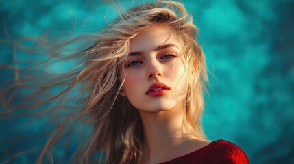 Canvas Print - Close-up portrait of a woman with blonde hair blowing in the wind