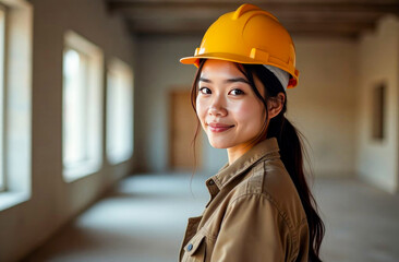 Young asian female builder in professional clothes and helmet standing, looking at camera and smiling. Blurred background of construction site