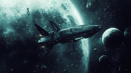 Wall Mural - Futuristic spaceship flying through deep space with planets. Deep Space Travel. Illustration