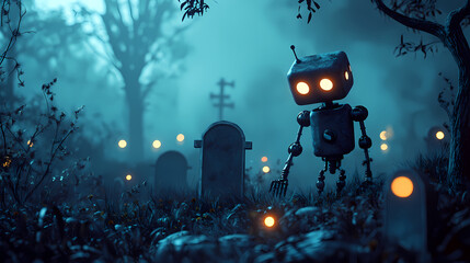Ghostly robot rising from a haunted graveyard, eerie lights, 3d illustration. Android Revolt. Illustration