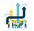© Viktoria Kurpas - Business decision making, team works on project and decides which way to go makes choice in development of idea. arrows up as graphs of growth and success of company. vector illustration