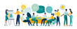 © Viktoria Kurpas - workshop talk workers people are sitting at negotiating table, vector collective thinking and brainstorming, company information analytics Vector illustration group of people Discussion speech bubbles