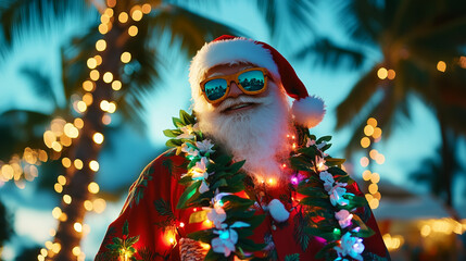 Tropical Santa Claus with festive lights and sunglasses