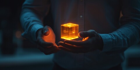 Aufkleber - A person is holding a glowing cube of light in their hands. The scene is dark with a soft focus. This image conveys magic and innovation. It is ideal for technology and creativity themes. AI.