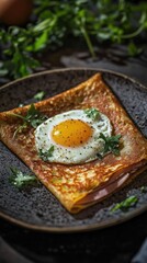 Vertical format, Delicious savory crepe with a sunny-side-up egg garnished with fresh herbs on a rustic plate 