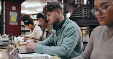 Poster - Research, learning and laptop with man in library for knowledge, education and college thesis. Academy, future and university portal with students and studying for exam, project and scholarship