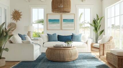 Wall Mural - Coastal Chic: Serene Living Room with Panoramic Ocean Views