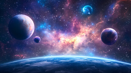 image of planets in outer space against the background of stars and nebulae. deep space travel. illu