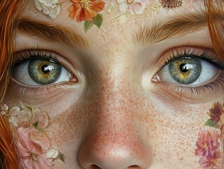 Poster - Close-Up Portrait of a Woman with Flowers on Her Face