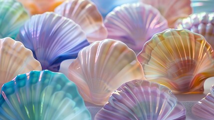 Sticker - Colorful glass seashells on a white background.