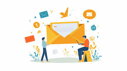 Poster - Flat Design Vector Banner Illustrating Email Marketing Concept with Characters Interacting with Emails for Communication and Business Outreach Campaigns