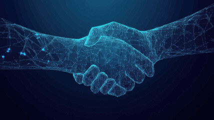 Poster - digital handshake on polygonal grid background depicting business partnership concept in 3d low poly