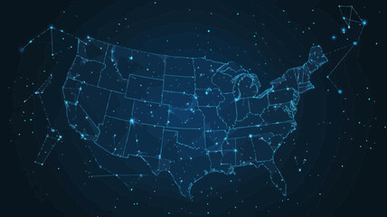 Poster - USA Map Starry Sky Vector, Abstract Wireframe Concept with Planets and Stars, Minimalist SVG, Universe Space Theme, Digital Geography Art for Futuristic Mapping