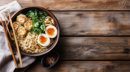 Delightful Bowl of Asian-Inspired Ramen Noodles with Soft-Boiled Eggs and Fresh Herbs