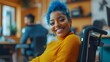 © BISO - Smiling Black woman in a wheelchair with blue hair represents diversity in a positive, inclusive workplace.