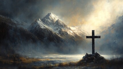 Poster - Misty Mountain Landscape with Cross