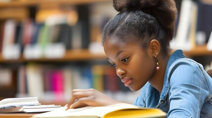 profile of a young african american woman studying an educational book in a college library setting.
