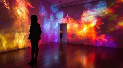 Two Silhouettes in a Room with a Colorful Projection