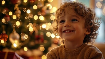 Wall Mural - A child in front of a Christmas tree, face beaming with excitement as they prepare to open presents