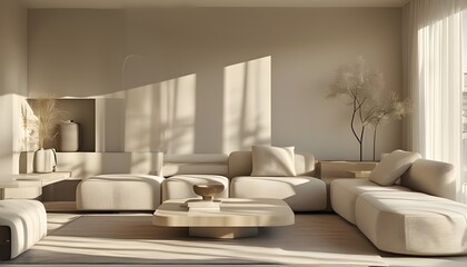 Wall Mural - Elegant beige living room design with contemporary furniture illuminated by gentle sunlight creating soft shadows