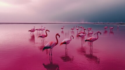 Wall Mural - A Flock of Flamingos in a Pink Lake at Sunset