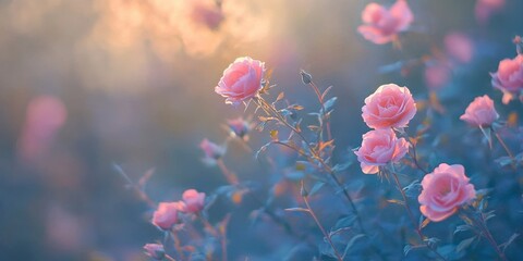 Wall Mural - Soft pink roses blooming in a garden, surrounded by soft lighting during twilight, giving a peaceful and romantic feel.