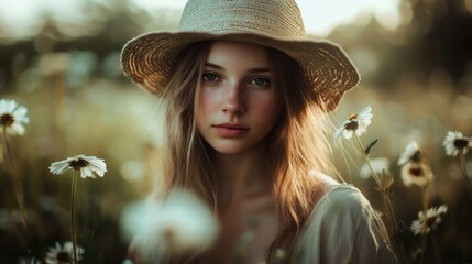 Canvas Print - Young Woman in a Straw Hat Among Daisies