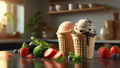 Sustainable Kitchen Lab Featuring Innovative Ice Cream with Molecular Gastronomy Elements and Edible Biodegradable Packaging in Golden Hour Lighting