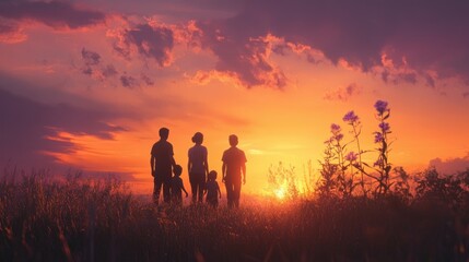 Canvas Print - Silhouetted Family Standing in a Field at Sunset