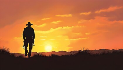 Wall Mural - Silhouetted Cowboy Against Vibrant Sunset with Expansive Copy Space for Text in a Deep Depth of Field Western Scene