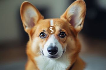 Corgi with dollar sign on forehead, funny dog with glasses, financial meme, increase concept