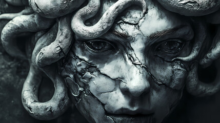 Wall Mural - The classic depiction of the head of the gorgon medusa from ancient mythology, a gloomy awesome look horror fright. generative ai technology. Medusa. Illustration