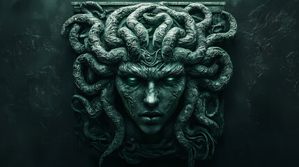 Wall Mural - The classic depiction of the head of the gorgon medusa from ancient mythology, a gloomy awesome look horror fright. generative ai technology. Medusa. Illustration