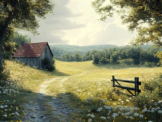 Canvas Print - Rustic Cabin in a Field of Wildflowers - Peaceful Countryside Landscape