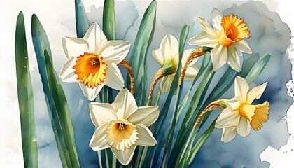 Wall Mural - Serene Watercolor Daffodils Illustration with Ample Copy Space Ideal for Daffodil Day Themes and Designs Featuring Rich Depth of Field