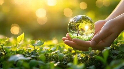 Wall Mural - Hand Holding a Crystal Ball Reflecting a Tree and Sunlit Forest