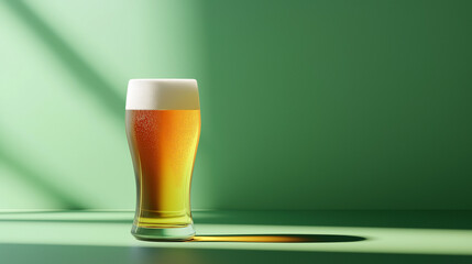 glass of fresh delicious beer with cap of foam on green background