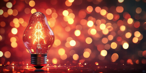 Wall Mural - a single glowing light bulb set against a red bokeh background, representing the warmth and brightne