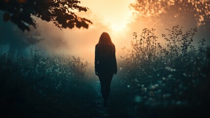 Canvas Print - A Woman Walks Alone Through Foggy Forest at Sunset