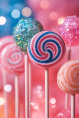 Colorful swirled lollipop candy background, vibrant sweet lollipops, festive candy display, bright treats, candy, childhood memories concept