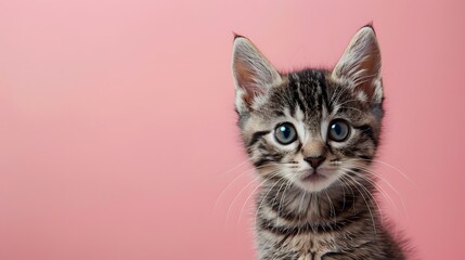 Tabby kitten sitting and staring forward on pink background. Studio pet portrait. Playful cat and adorable pet concept. Design for banner, postcard, and print with copy space.