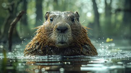 Brown and white animal with a big nose is swimming in a body of water. The animal appears to be enjoying itself and is not afraid of the water