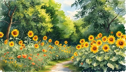 Canvas Print - Tranquil Watercolor Sunflower Garden Surrounded by Lush Greenery and Vibrant Blooms